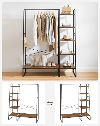 VASAGLE Clothes Rack, Clothing Rack with Shoe Shelf, 5-Tier Storage Rack, 6 Side Hooks, for Bedroom, Living Room, Rustic Brown and Black URGR116B01 - Image 4