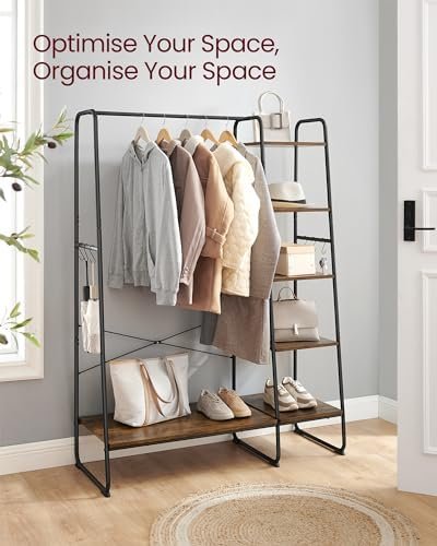 VASAGLE Clothes Rack, Clothing Rack with Shoe Shelf, 5-Tier Storage Rack, 6 Side Hooks, for Bedroom, Living Room, Rustic Brown and Black URGR116B01 - Image 2